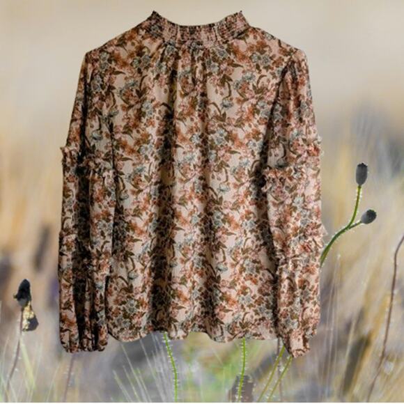 Cece small long sleeve lined tan and brown floral lightweight woman's blouse. - Picture 1 of 1